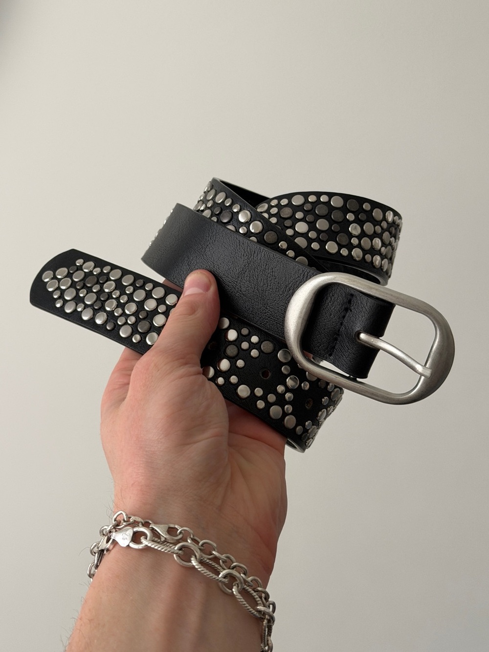 Black Studded Leather Belt with Silver Buckle